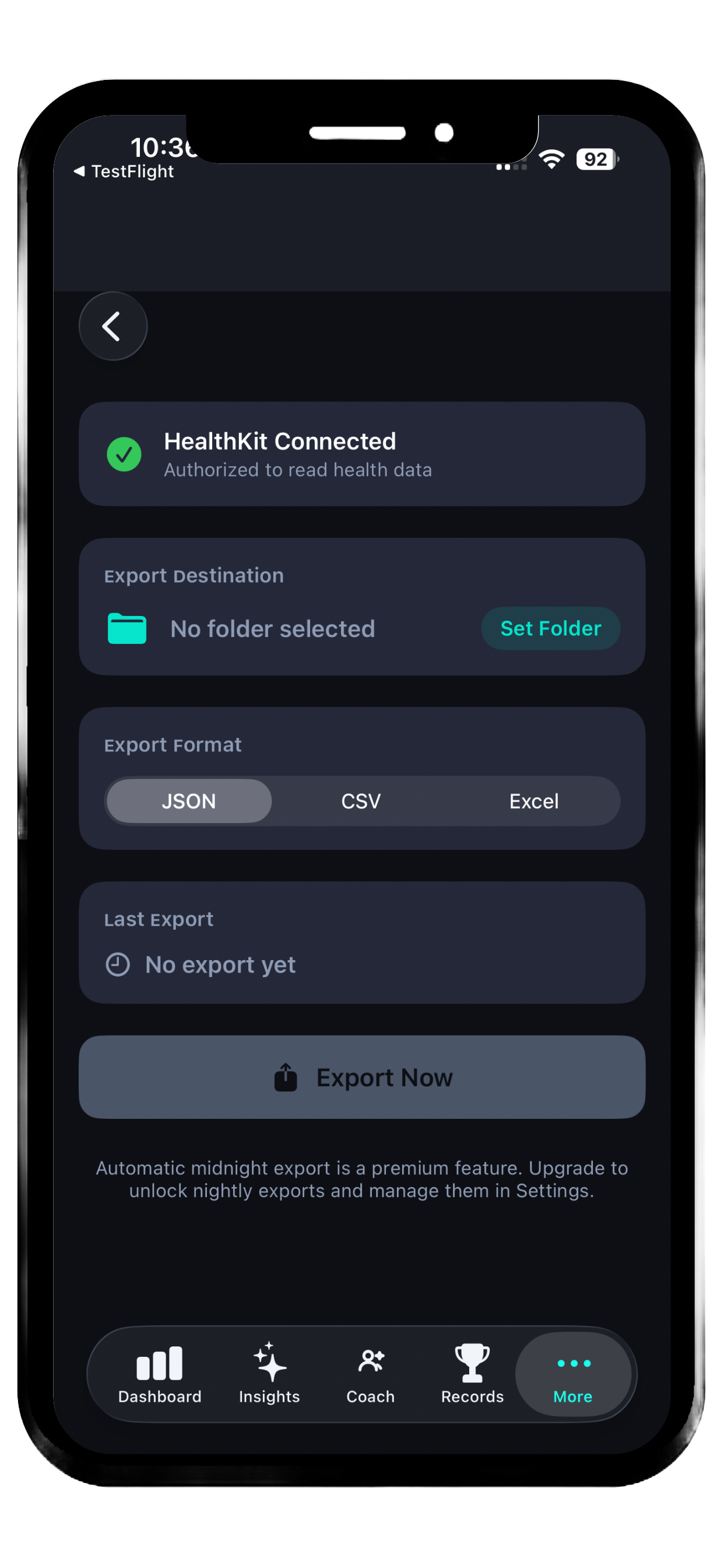 Forma export screen on iPhone showing HealthKit connected status, export destination selection, format picker for JSON CSV and Excel, and export button