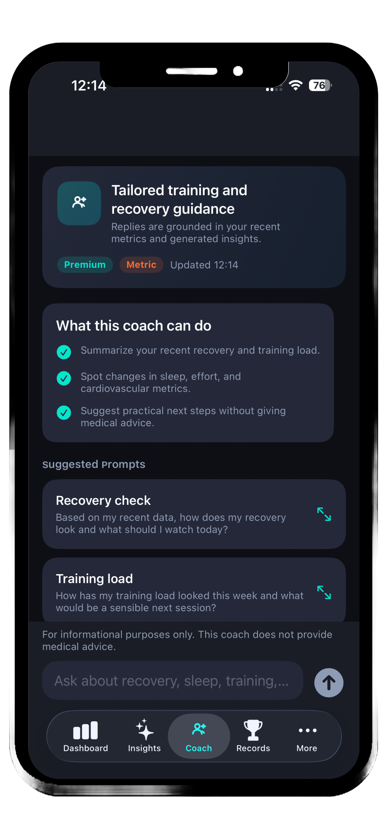 Forma AI coach screen on iPhone showing tailored training and recovery guidance and suggested prompts