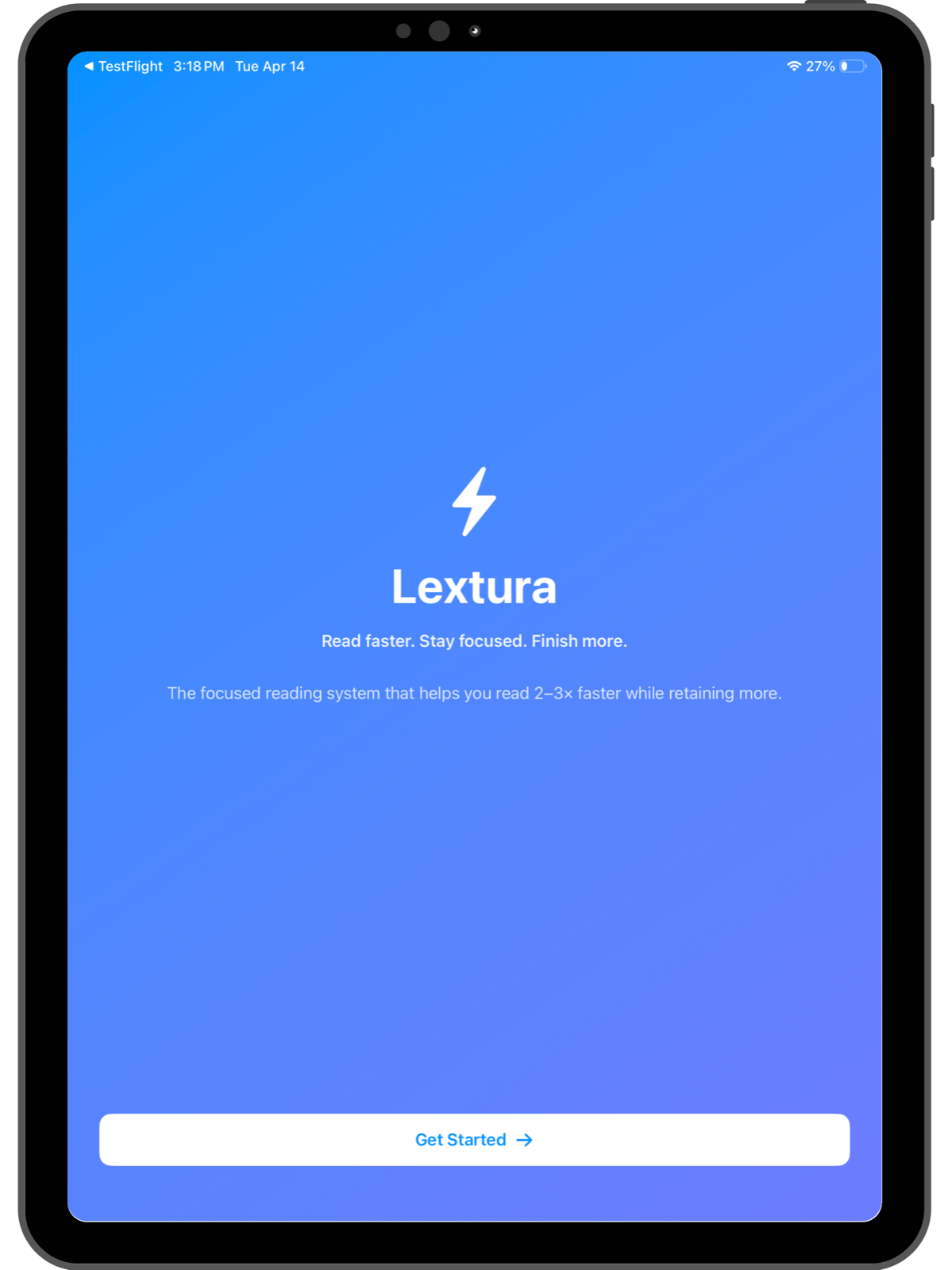 Lextura onboarding screen on iPad with brand introduction and call to get started