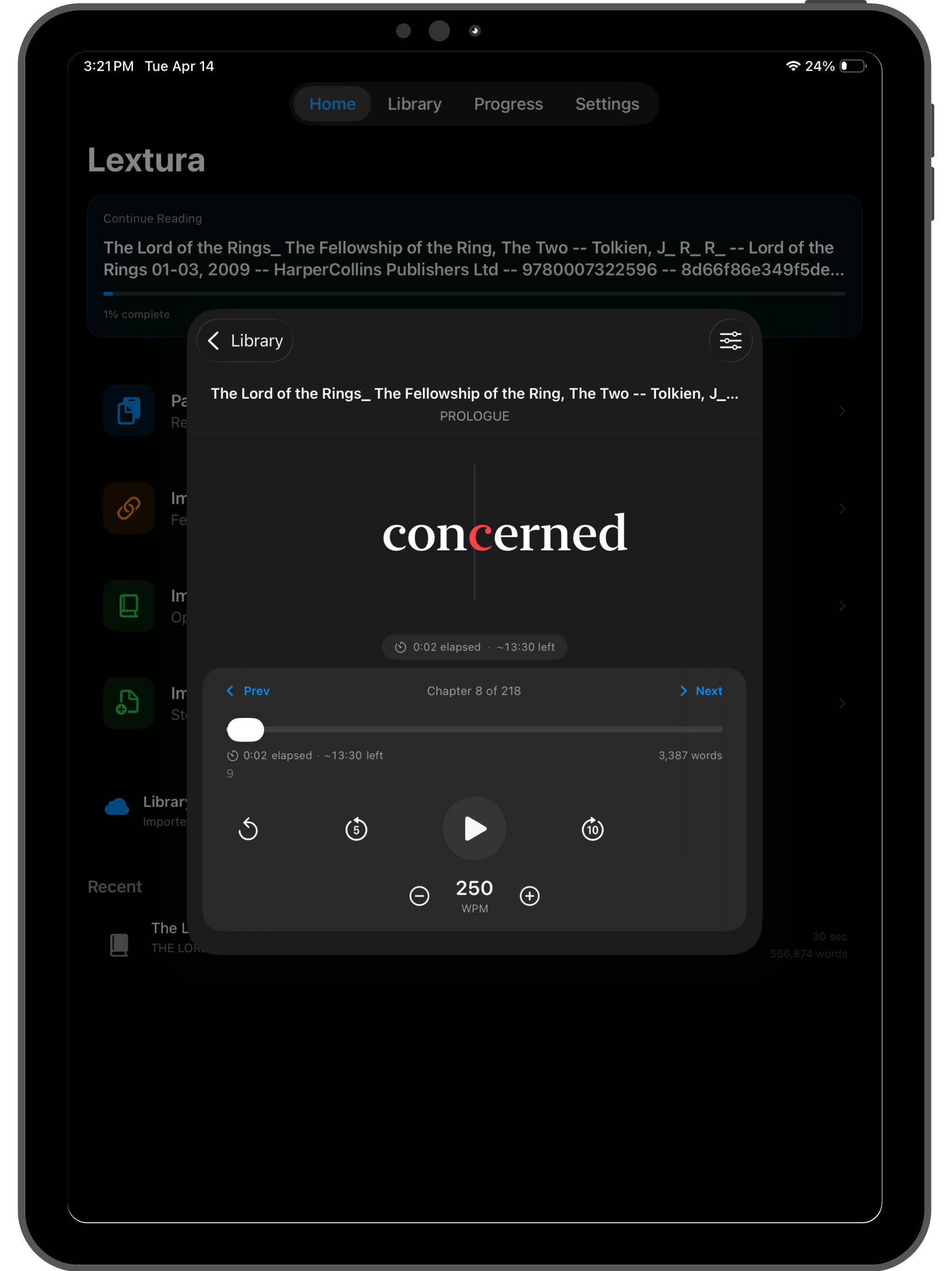 Lextura focused reading mode on iPad with a dark library view and centred RSVP reading interface