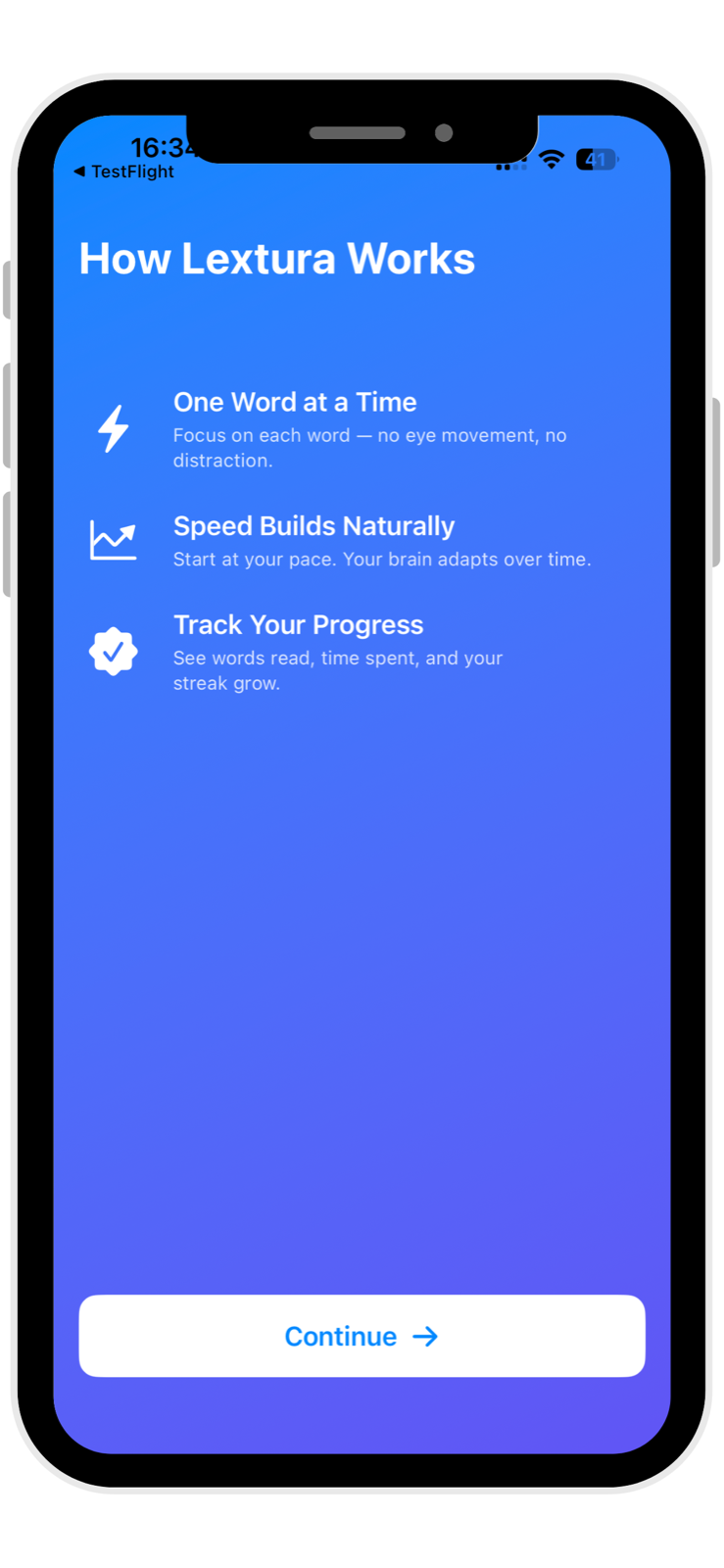 Lextura how it works screen on iPhone explaining one-word reading, natural speed building, and progress tracking