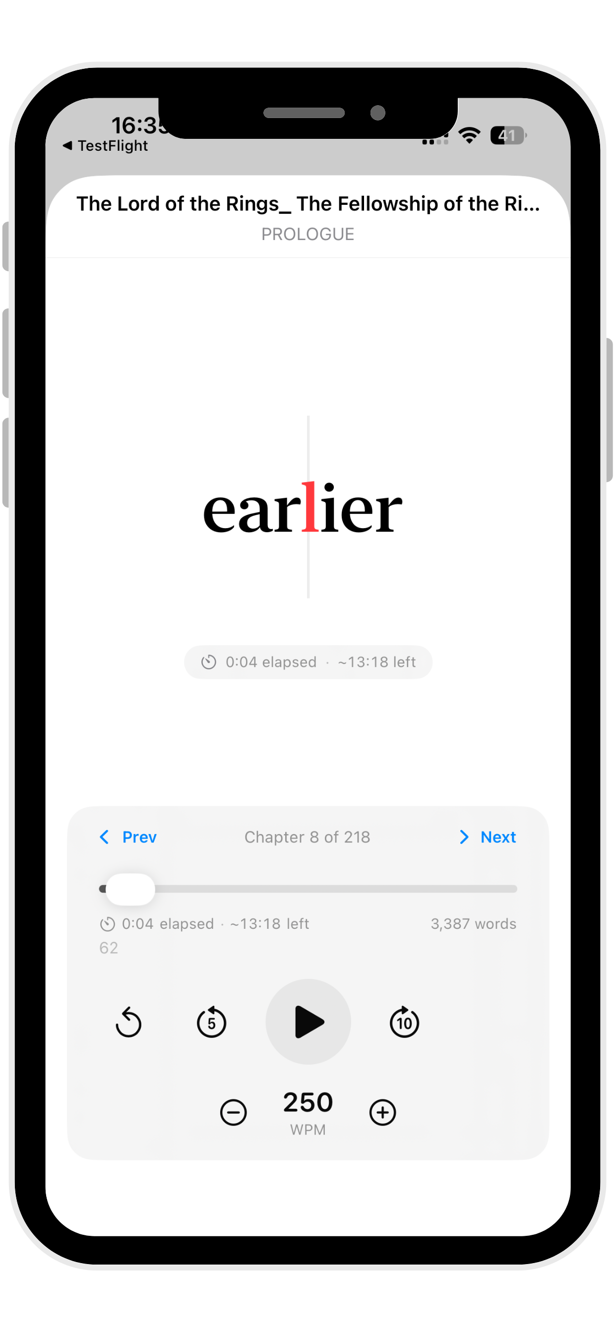 Lextura speed reading app interface on iPhone showing a minimal white reading screen and playback controls