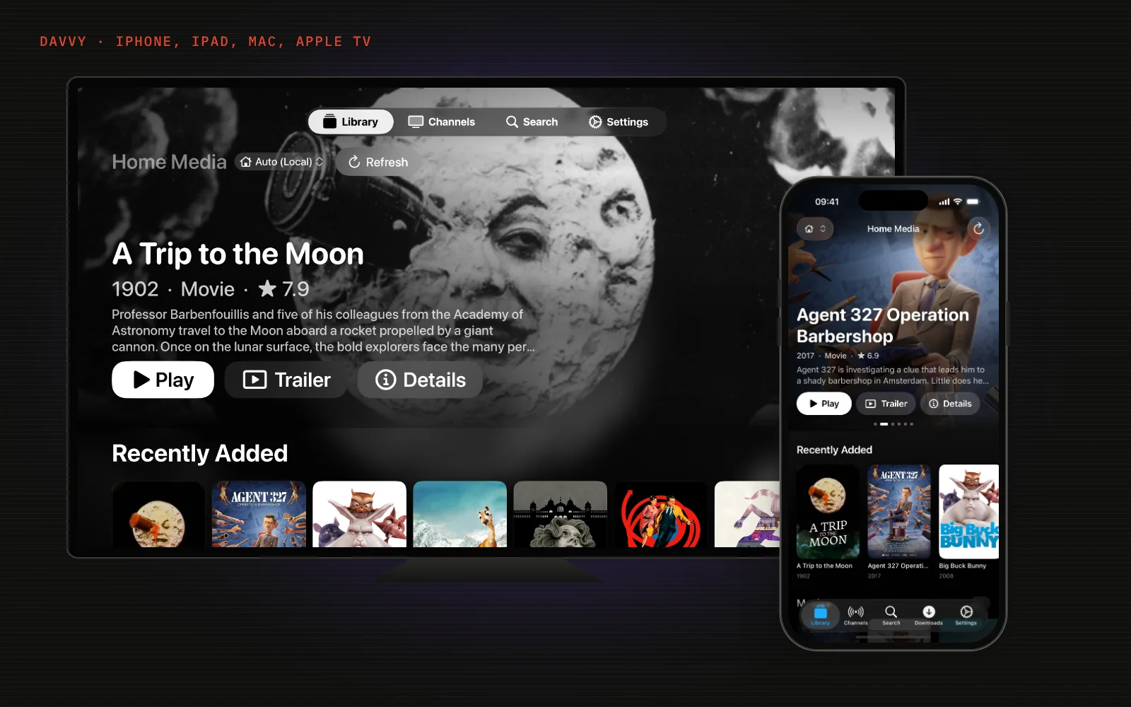 Davvy on an Apple TV and an iPhone, showing a film library with posters and a Recently Added row