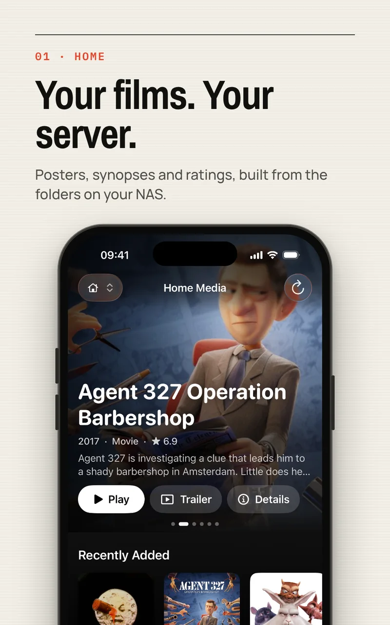 Davvy Home screen on iPhone with a featured film, poster artwork and a Recently Added row