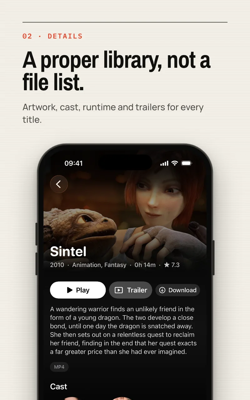 Davvy film details for Sintel with artwork, synopsis, cast, and Play, Trailer and Download buttons