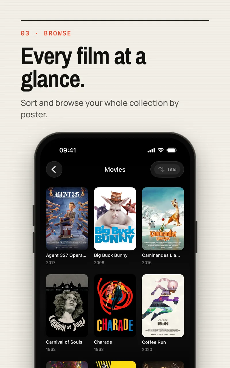 Davvy Movies grid on iPhone showing a library of film posters