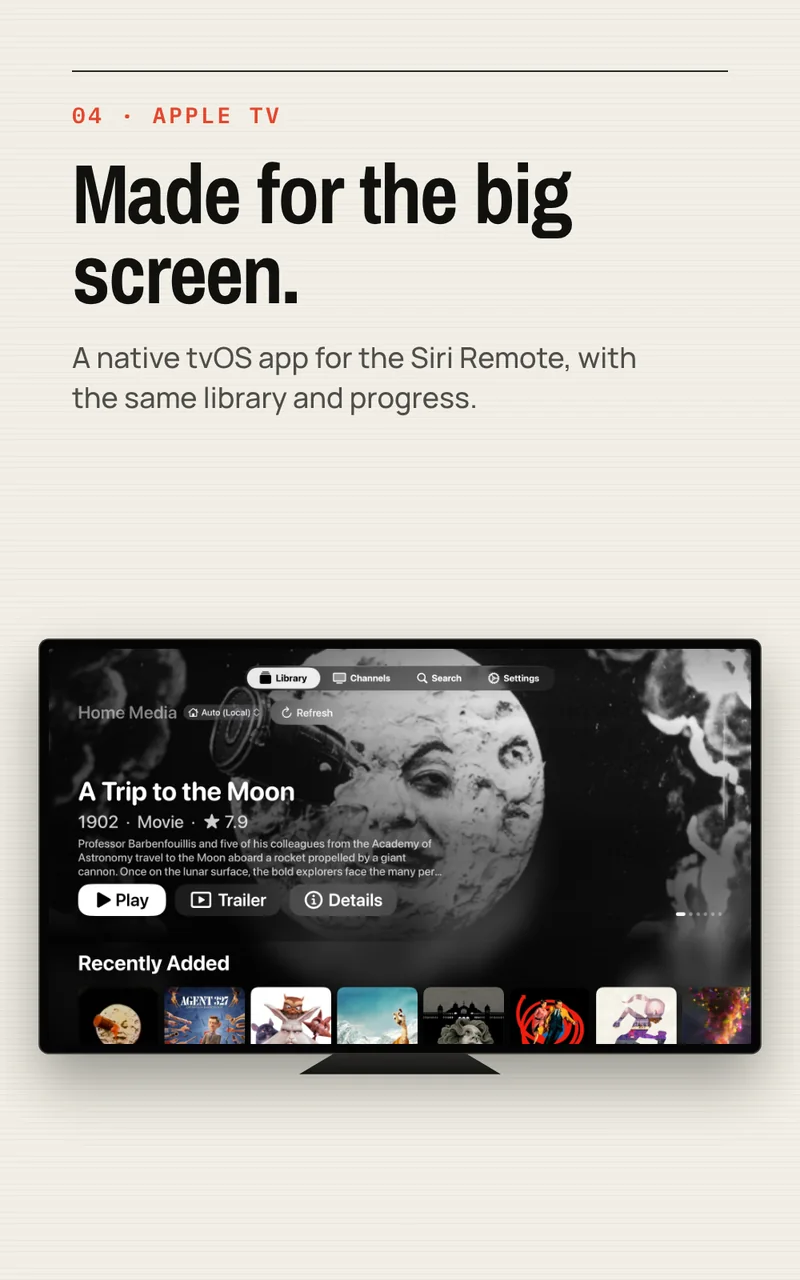 Davvy on Apple TV showing a featured film and a Recently Added row of posters