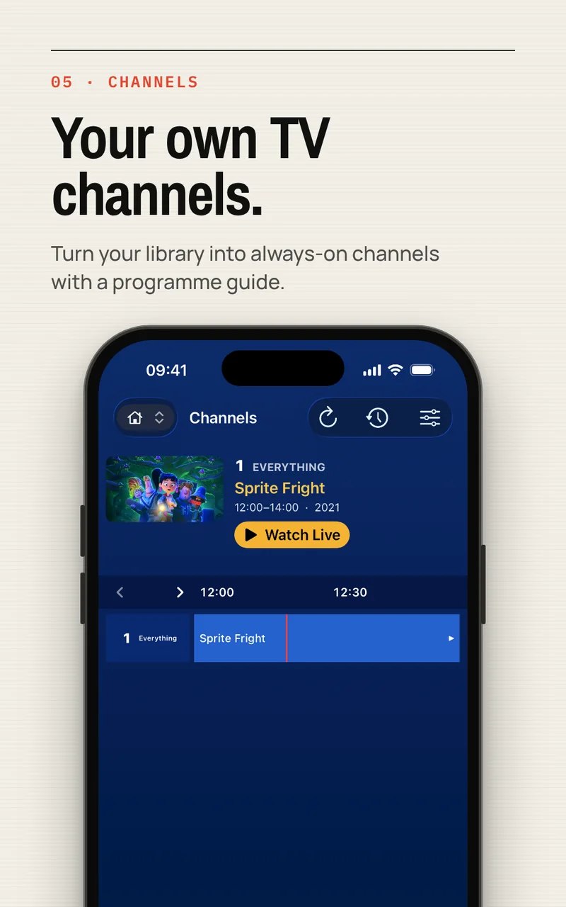 Davvy Channels screen with a live channel and programme guide built from the library