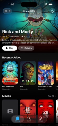 Davvy iPhone library with a Home NAS source, recently added titles and movie posters