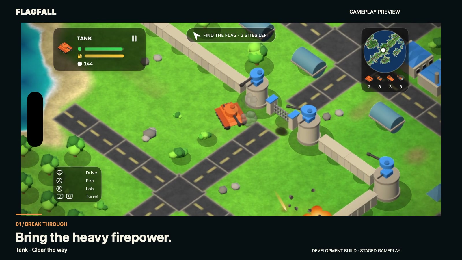 FlagFall tank gameplay on an island battleground, captioned Bring the heavy firepower
