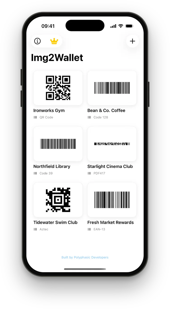 Img2Wallet on iPhone showing saved gym, coffee, library and cinema cards, each labelled with its detected barcode type
