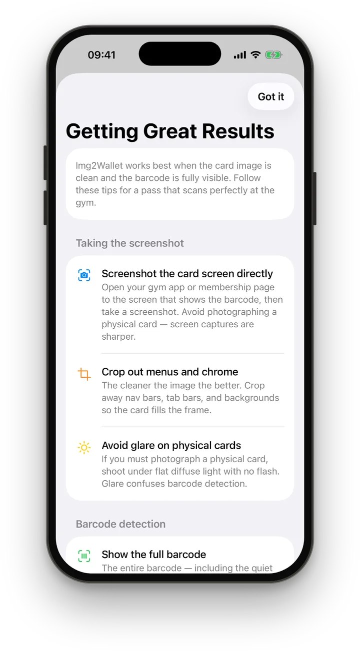 Img2Wallet tips sheet on iPhone with guidance on screenshots and barcode detection