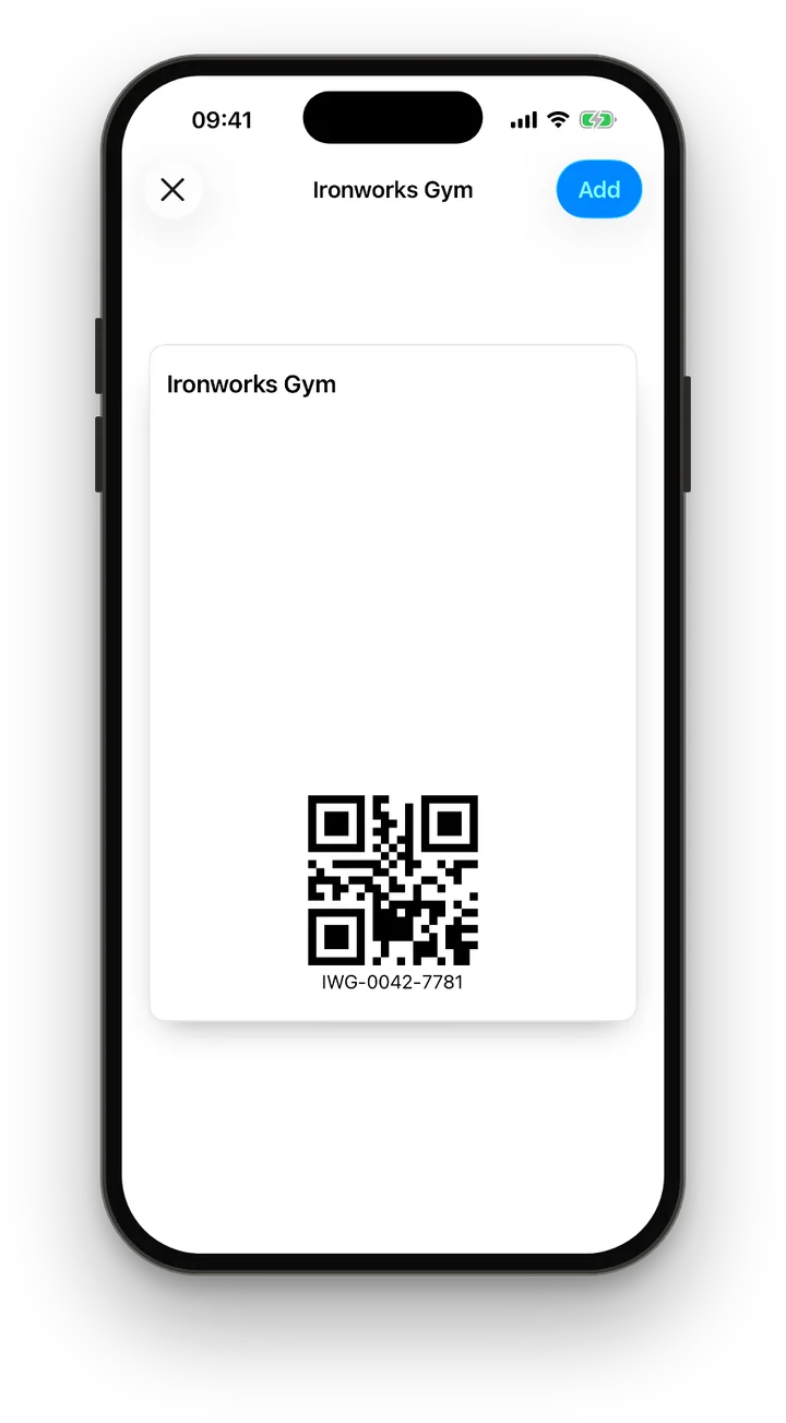 The Ironworks Gym card as a finished pass in Apple Wallet's Add sheet on iPhone