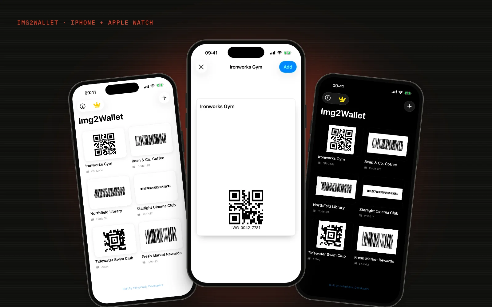 Img2Wallet on three iPhones: a grid of saved membership and loyalty cards, and a gym pass ready to add to Apple Wallet