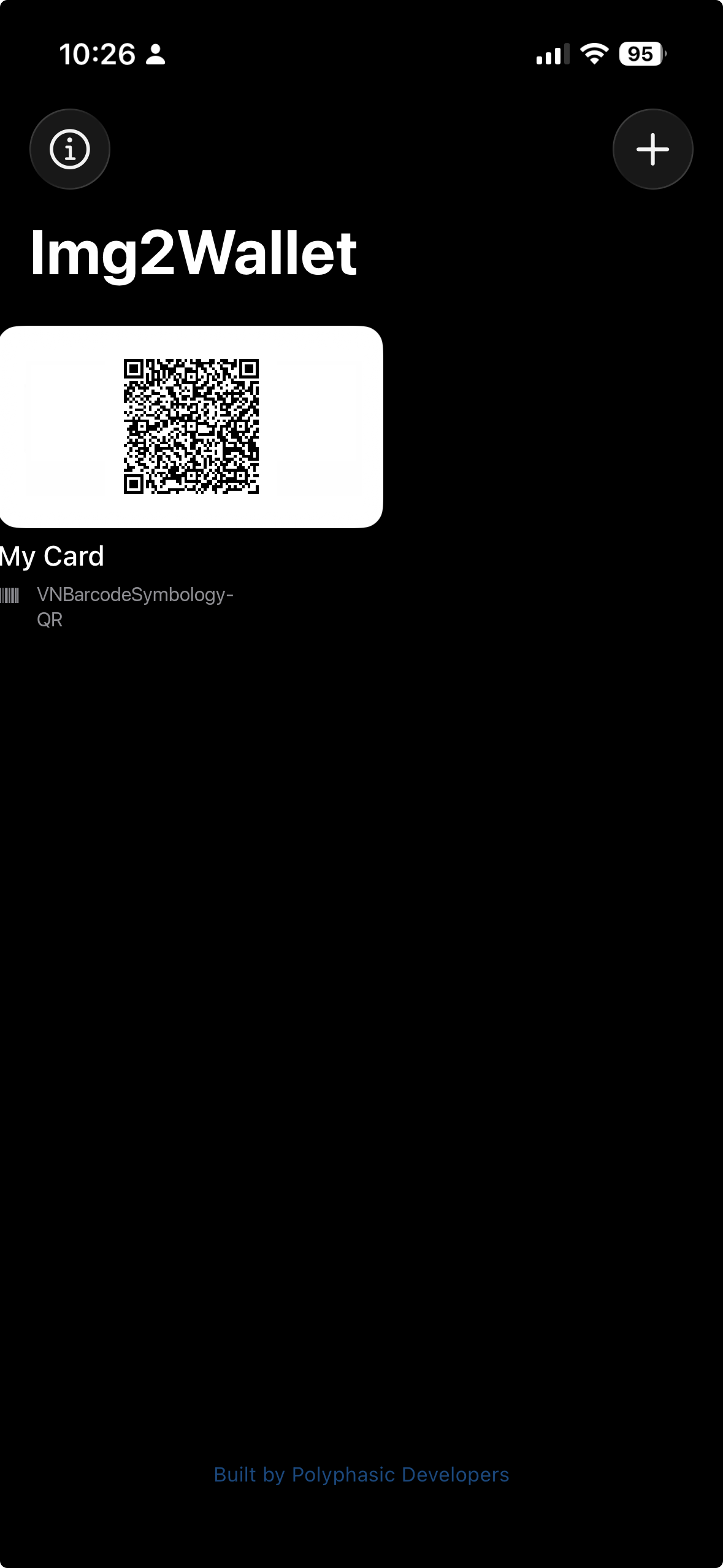 Img2Wallet home screen on iPhone showing a detected QR code ready to turn into a pass