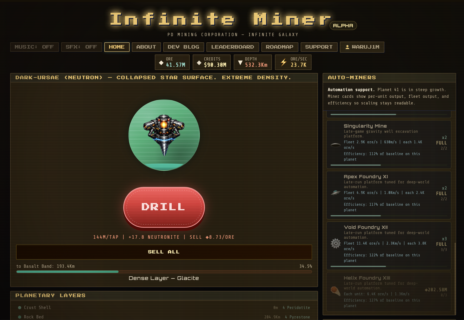 Screenshot of Infinite Miner gameplay interface.