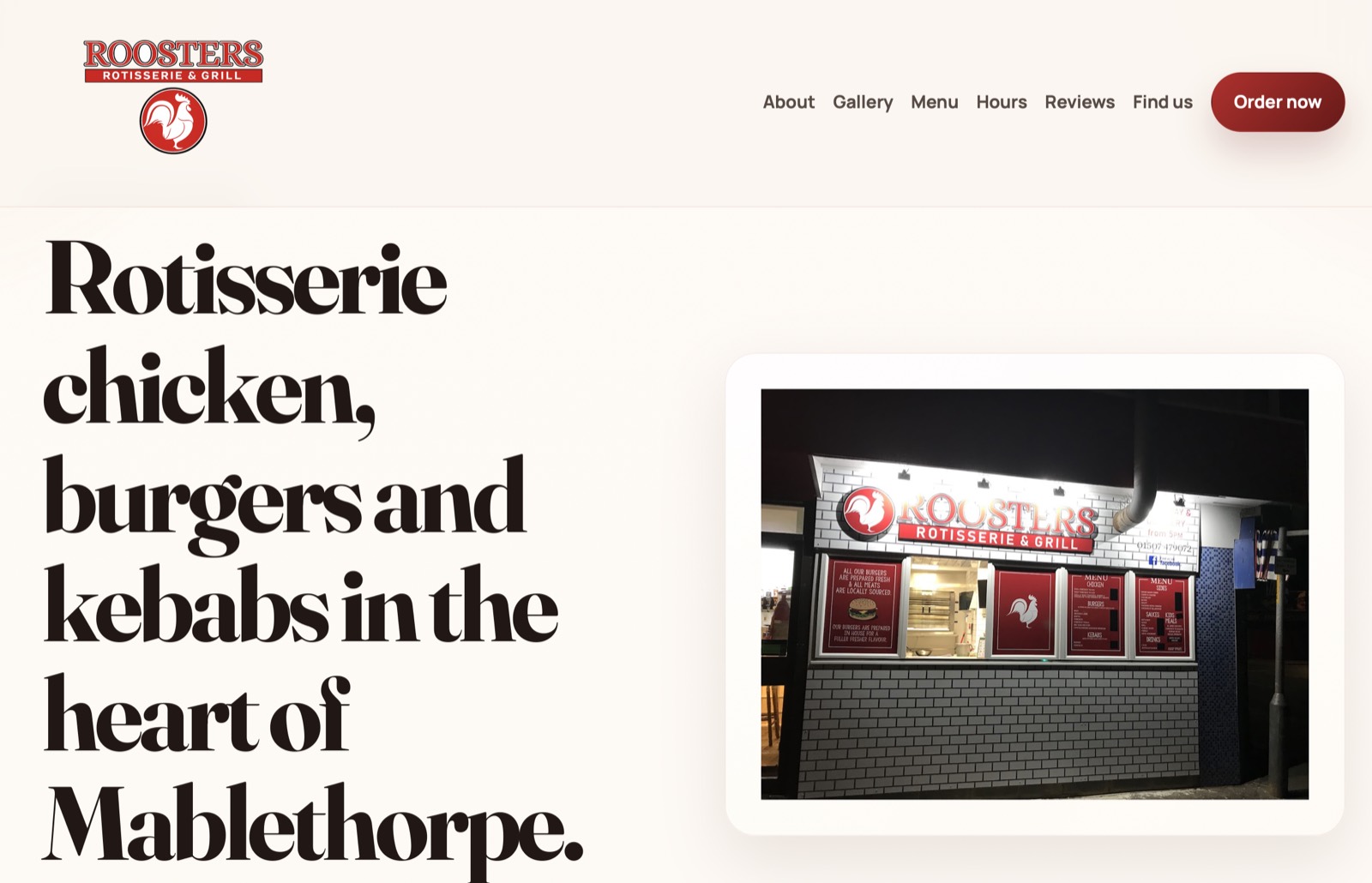Screenshot of the Roosters Rotisserie & Grill website homepage.