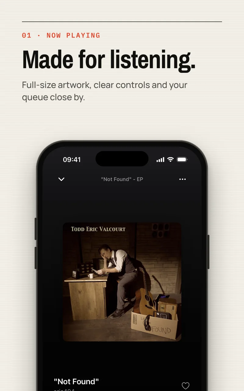 Tunode Now Playing screen with full-size album artwork and playback controls
