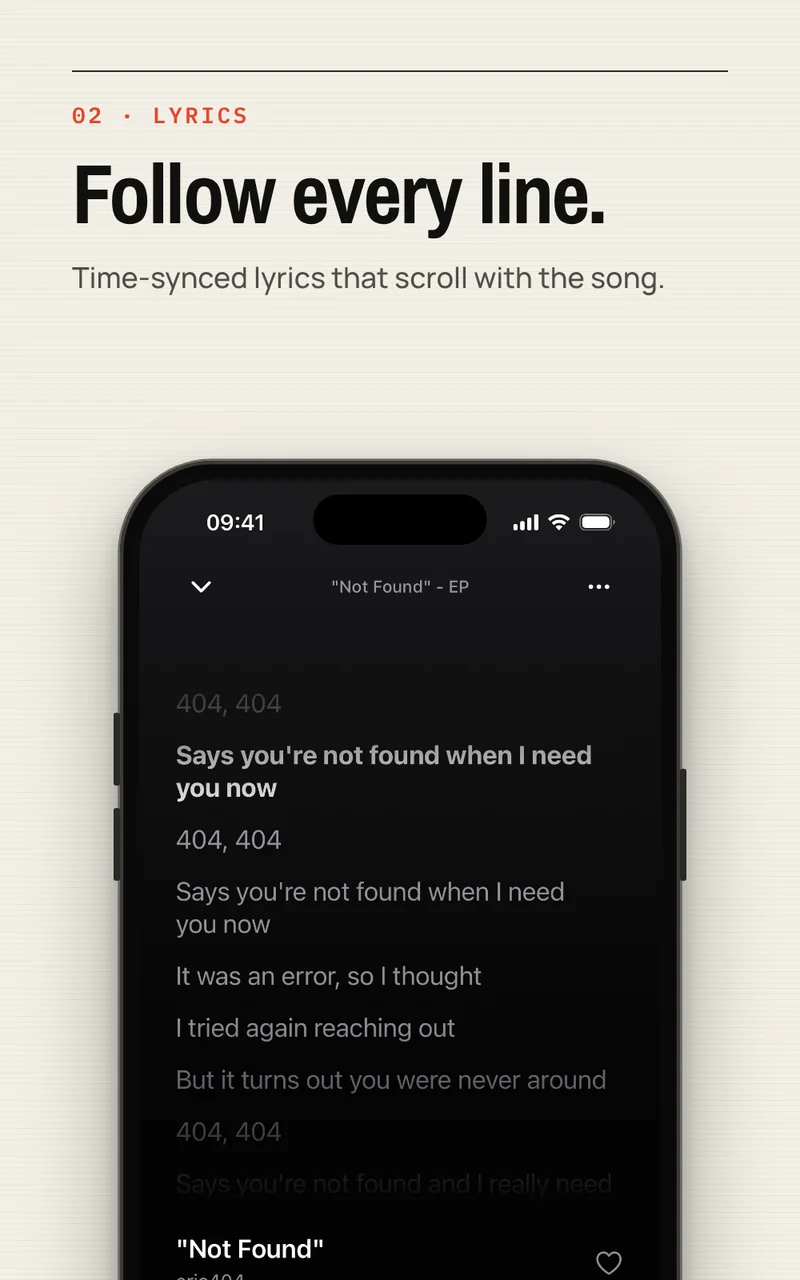 Tunode showing time-synced lyrics scrolling with the current song
