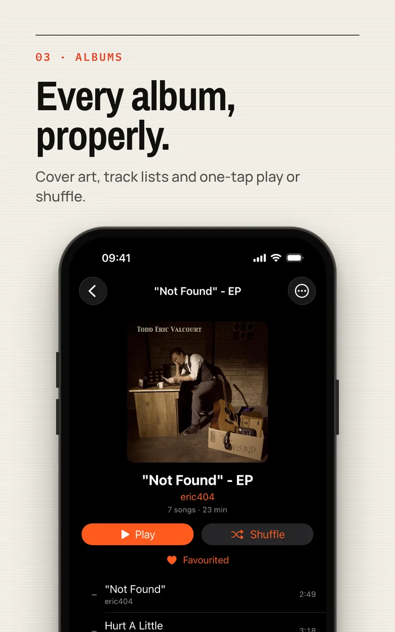 Tunode album page with cover art, track list, and Play and Shuffle buttons