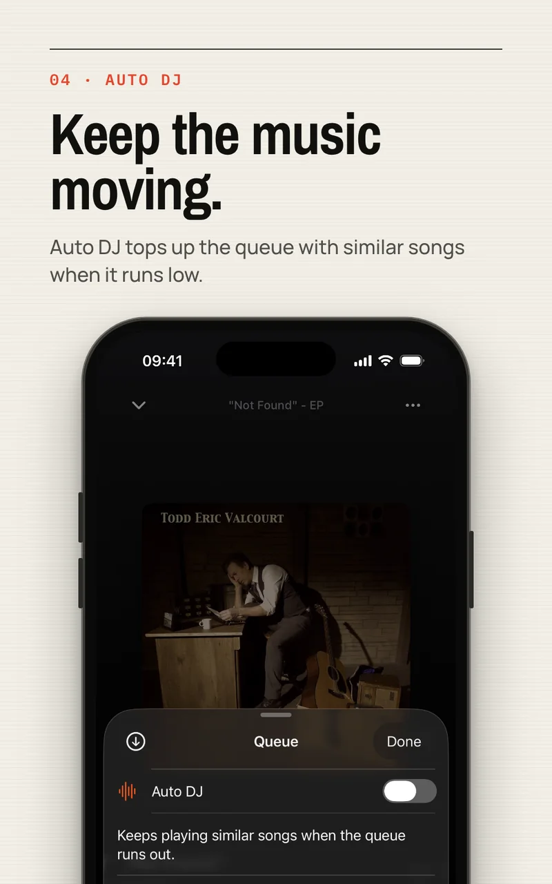 Tunode queue sheet with Auto DJ, which adds similar songs when the queue runs low