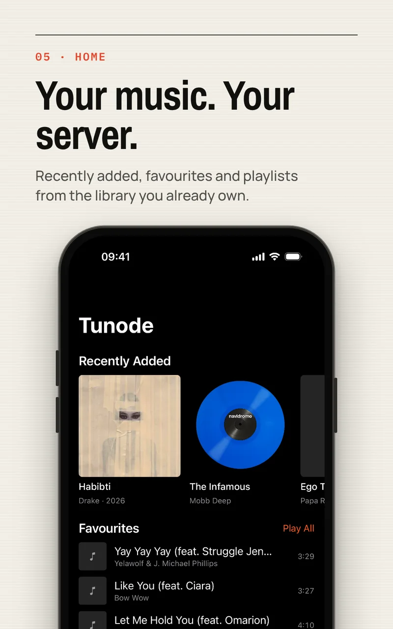 Tunode Home screen with recently added albums and favourite tracks from a Navidrome server