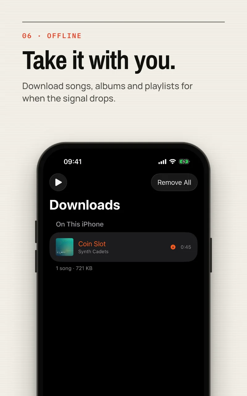 Tunode Downloads screen listing music saved on the iPhone for offline listening