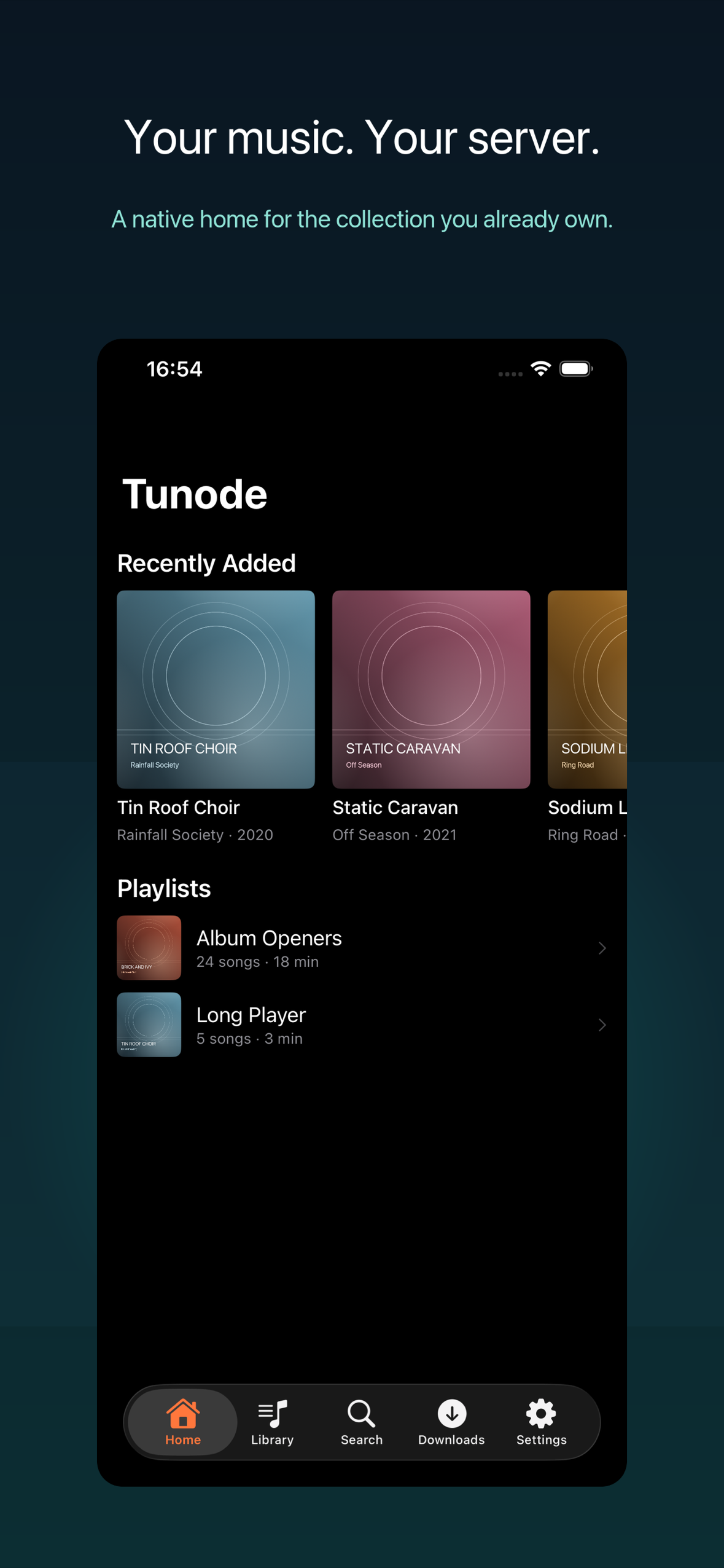 Tunode Home screen showing recently added albums and playlists from a self-hosted music server.