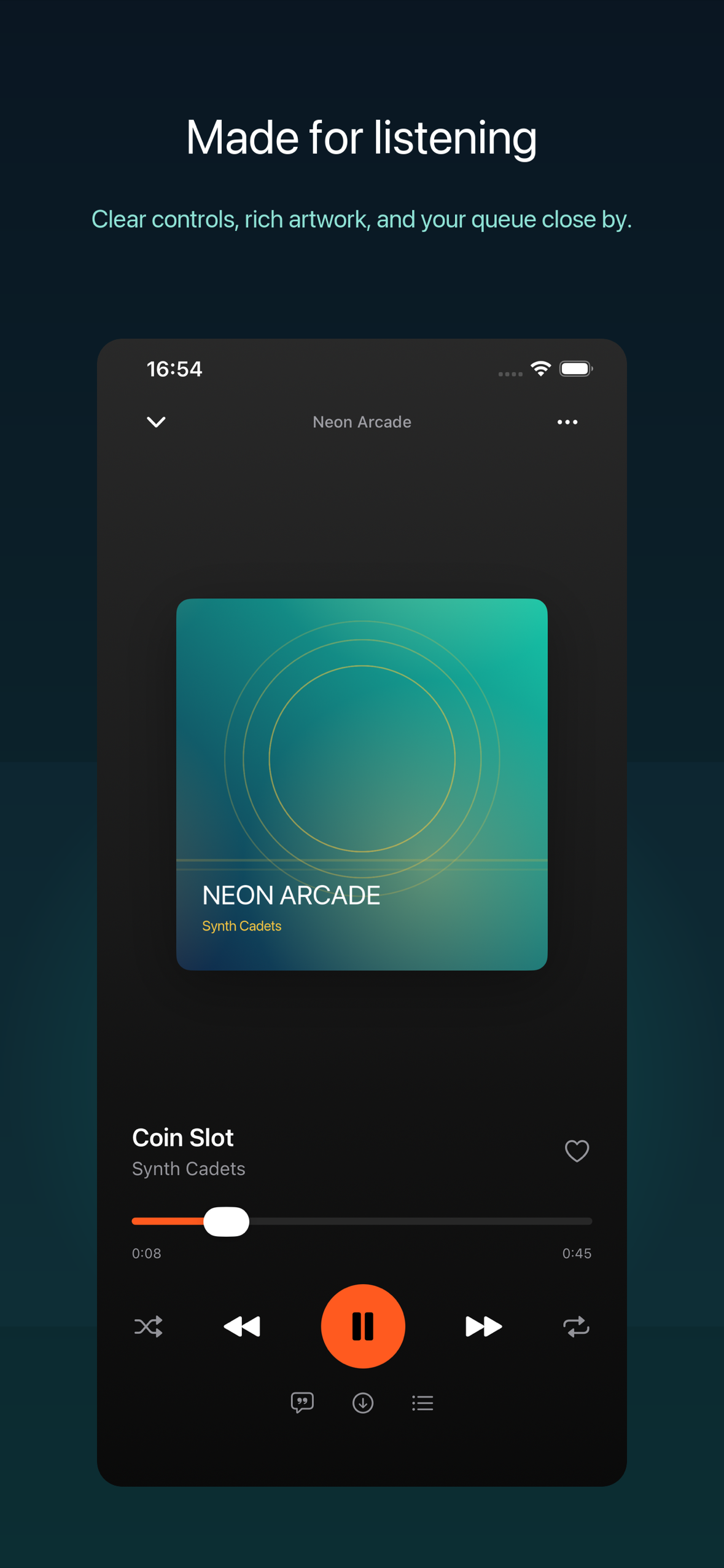 Tunode Now Playing with album artwork, playback controls and queue access