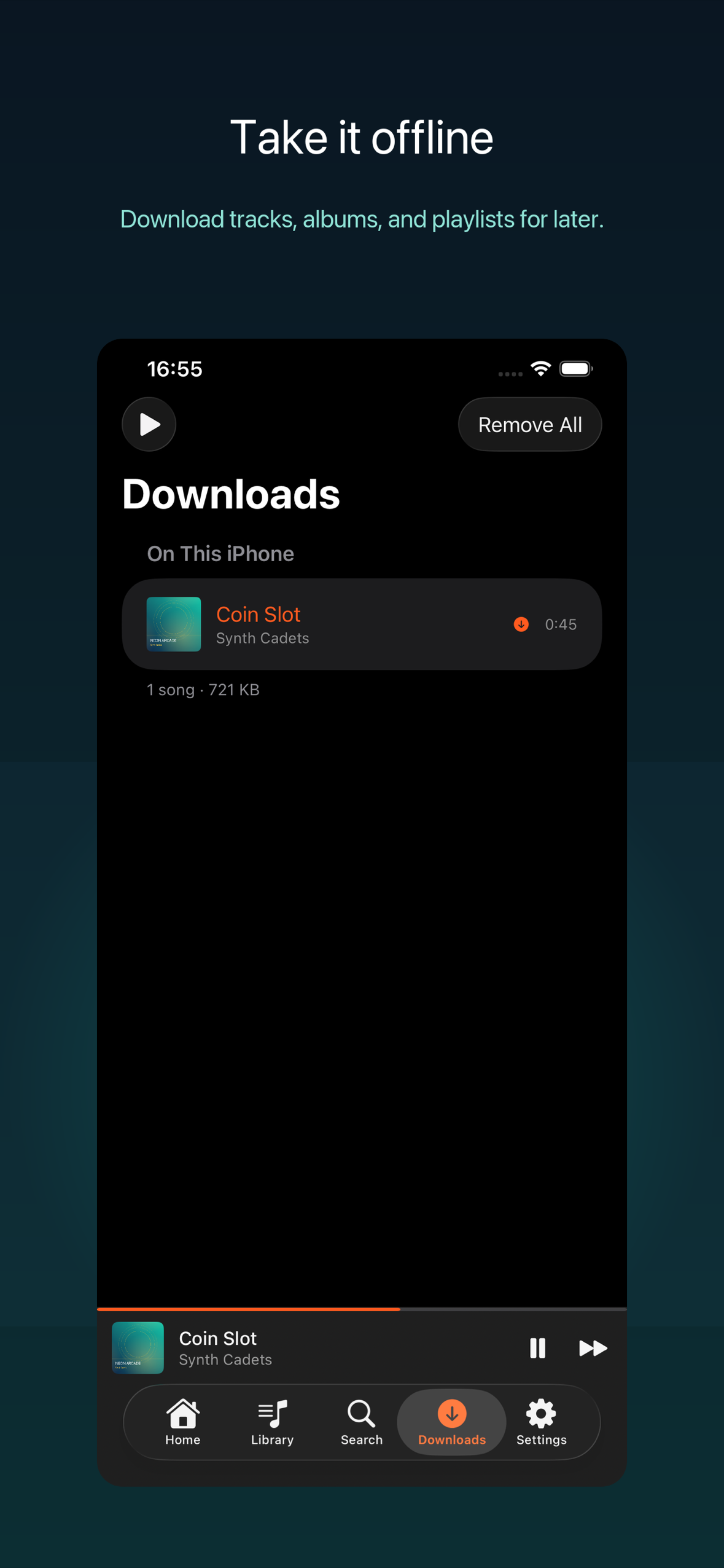 Tunode Downloads showing a locally saved track and its storage usage