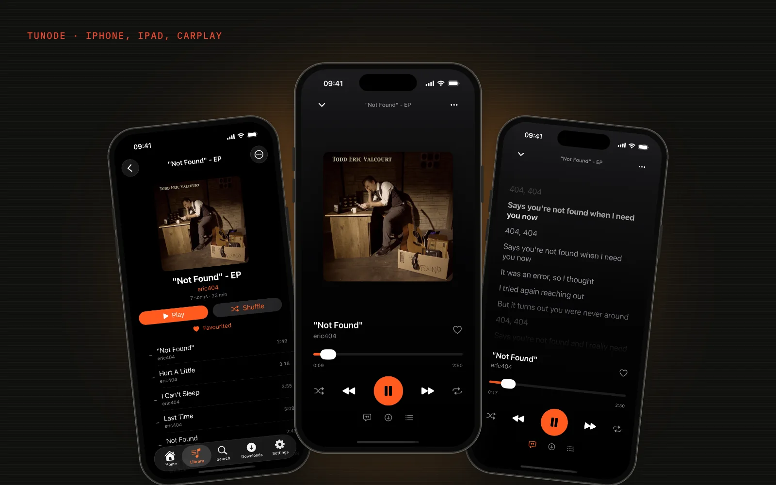 Three iPhones running Tunode: an album page, Now Playing with full album artwork, and synced lyrics