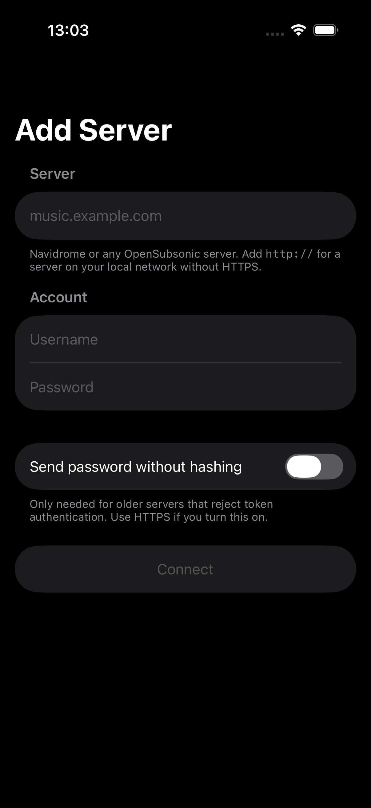 Tunode Add Server screen with fields for the server address, username and password, plus a compatibility switch for older servers