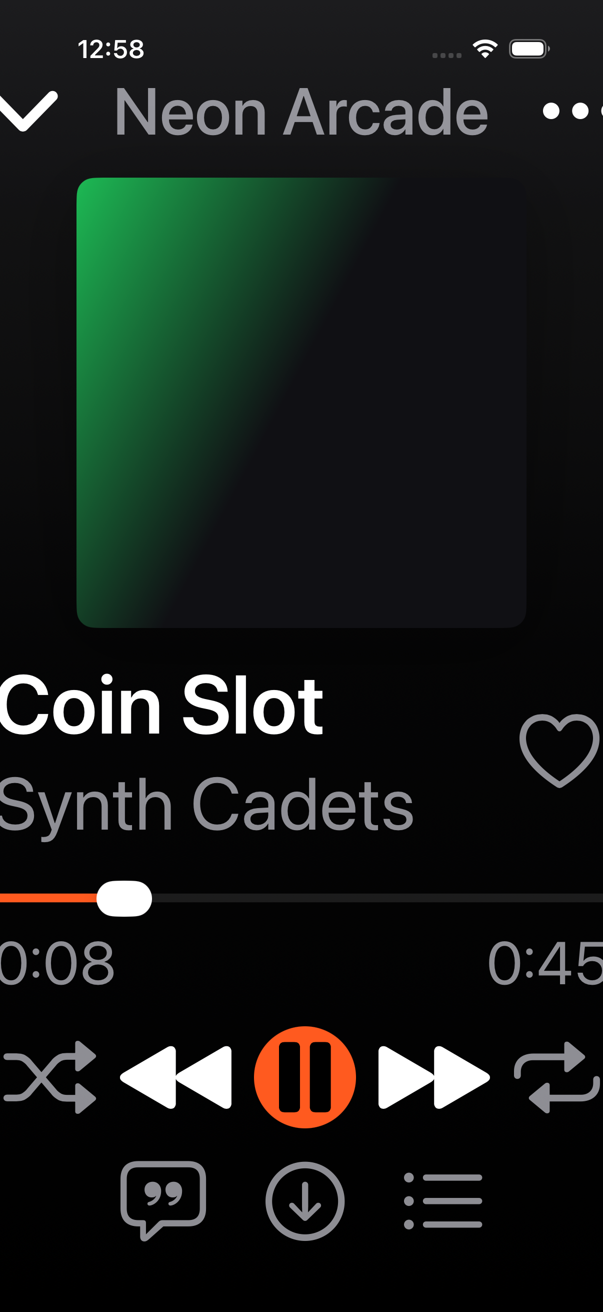 Tunode Now Playing screen showing the fixture track Coin Slot by Synth Cadets with progress and playback controls