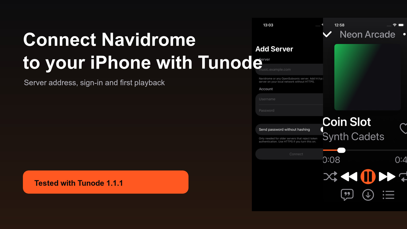Tunode Add Server and Now Playing screens beside the title Connect Navidrome to your iPhone with Tunode