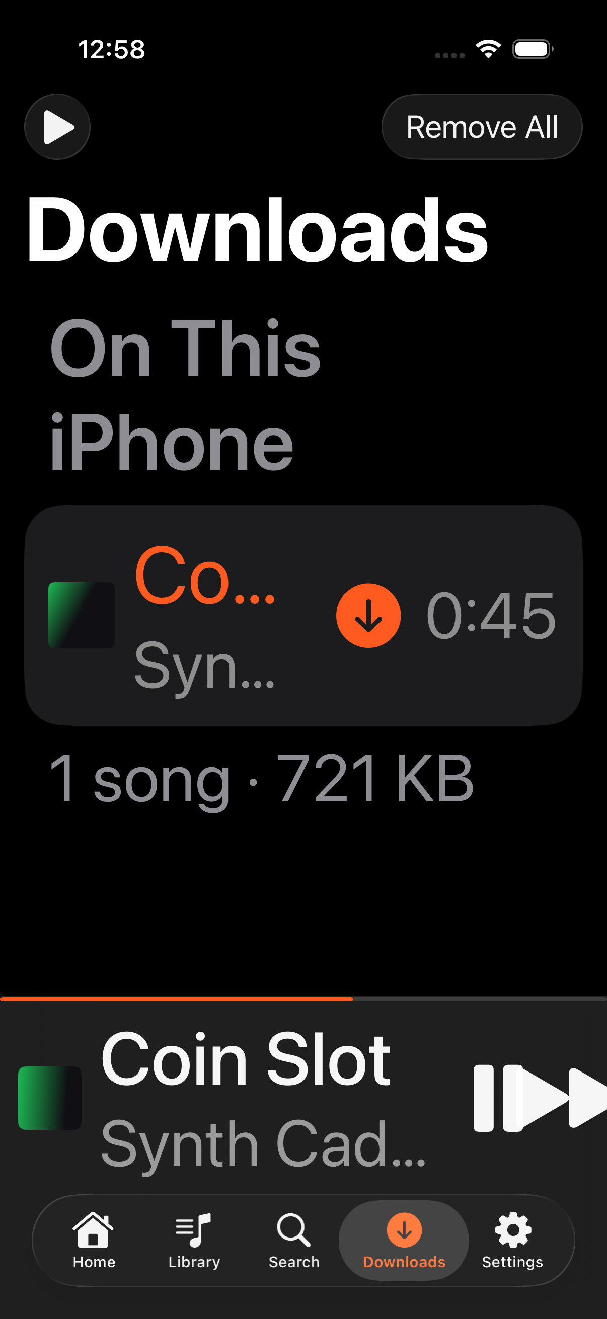 Tunode Downloads tab showing one completed fixture song under On This iPhone, its storage use and the Remove All control