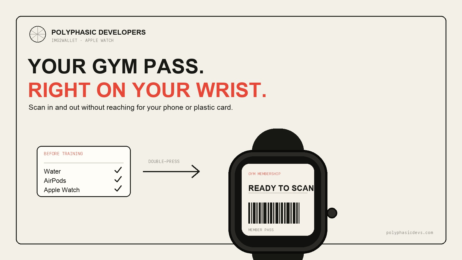Illustration of a gym membership barcode ready to scan from a smartwatch, beside a checklist for water, AirPods and Apple Watch
